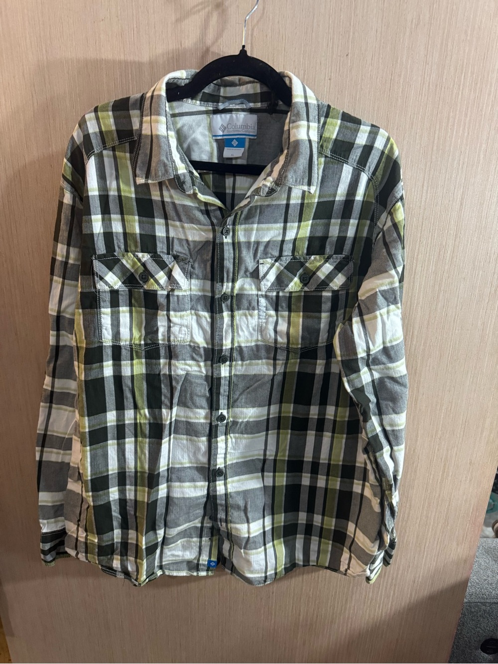 Columbia Men's Olive Green and Gray Plaid Shirt Size XL